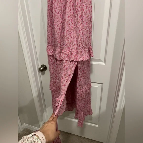 Wild Fable Smocked Maxi Dress Pink Floral Size M Tie Straps Ruffle Hem Cotton - Picture 6 of 11